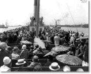 Top deck of the S.S. Catalina filled with passengers as the steamer leaves a Southern California harbor, c. 1920s