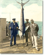 Winston Churchill, Ben R. Meyer, Captain Monte Foster and a Marlin swordfish caught by Winston Churchill, 1929
