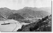 Steamer at the dock in Avalon Bay and the Hotel Metropole in Avalon, c. 1890