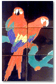 Catalina Island pottery - tiles depicting two parrots on a branch, c. 1930s