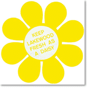 Yellow decal in a daisy shape that asks Lakewood residents to 'Keep Lakewood Fresh as a Daisy', c. 1968