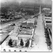 Aerial view showing San Dimas from San Dimas Avenue, looking west on Bonita Avenue, 1920