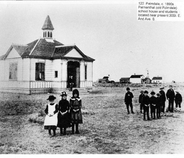 The Palmenthal schoolhouse and students in old Palmdale