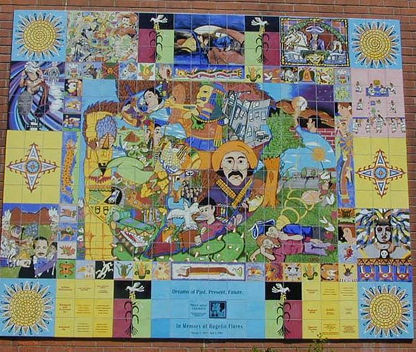 'Dreams of Past, Present, and Future. In Memory of Rogelio Flores.' mural on the 3rd Street wall of the East Los Angeles Public Library