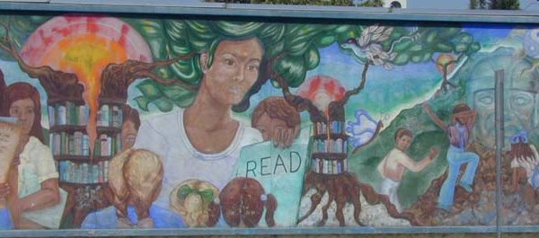 Mural on outside wall of the Anthony Quinn Library facing Cesar Chavez Avenue (right half).