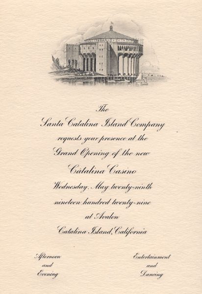 Inside of invitation to opening of the Casino on May 29, 1929 containing an engraving of the Casino.