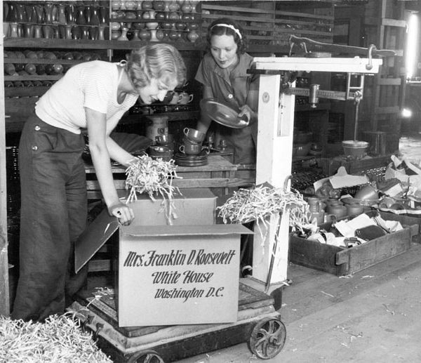 Packing a box with Catalina pottery to be sent to Mrs. Franklin D. Roosevelt, mid-1930s