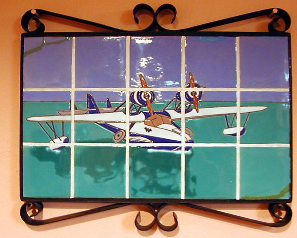 Catalina Island pottery - framed tile image depicting a sea plane, c. 1930s